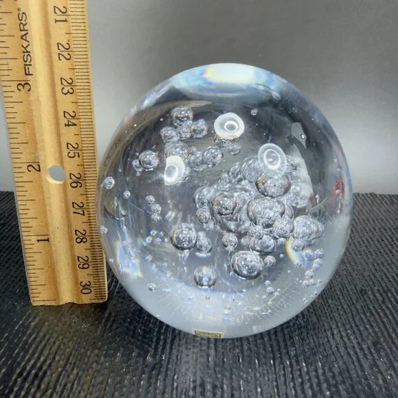1970s Swedish Ursholt Clear Round Orb Paperweight Witch Ball Bubbles W Labels